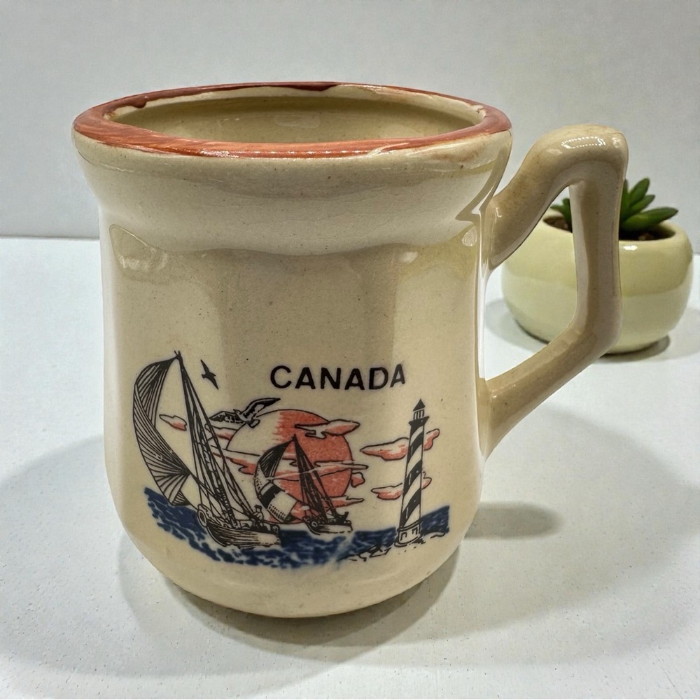Canada Pottery Mug Cream Sailing Scene with Lighthouse Vintage Collectible